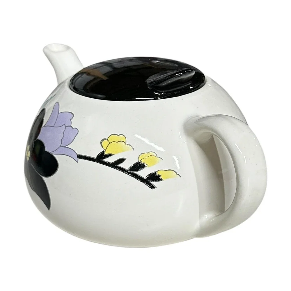 VTG Furama Ceramic Teapot Floral Black Lid White Flower Design Kitchen MCM Decor